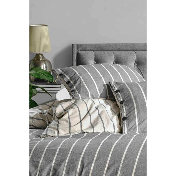 Urban 100% Cotton Double Bed Washed Yarn-Dyed Striped Bedding Set in Charcoal - Picture 2 of 3